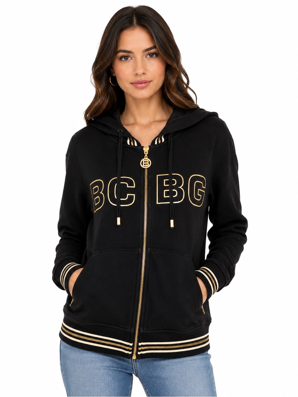 BCBG Black Gold Logo Varsity Full Zip Hoodie Y2K McBling